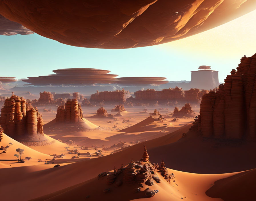 Futuristic desert landscape with towering rock formations