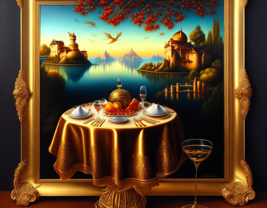 Surreal painting of dinner table merging with fantasy landscape