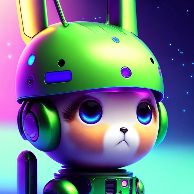 Futuristic big-eyed rabbit with green helmet and headphones on neon-lit background