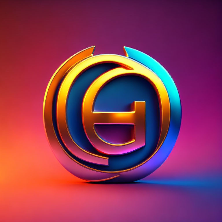 3D glowing letter "E" with blue and gold neon edges on gradient purple and pink backdrop