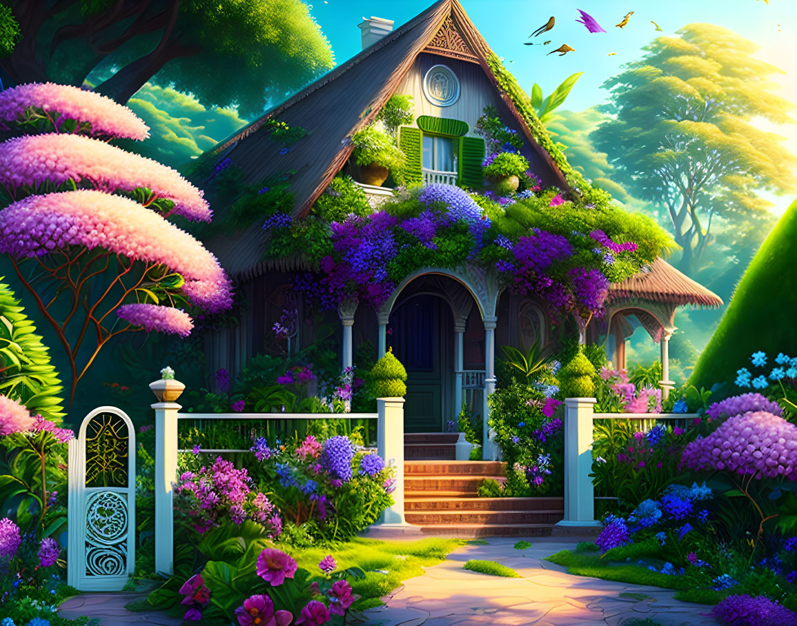 Charming cottage with greenery, flowers, and picket fence in enchanted forest