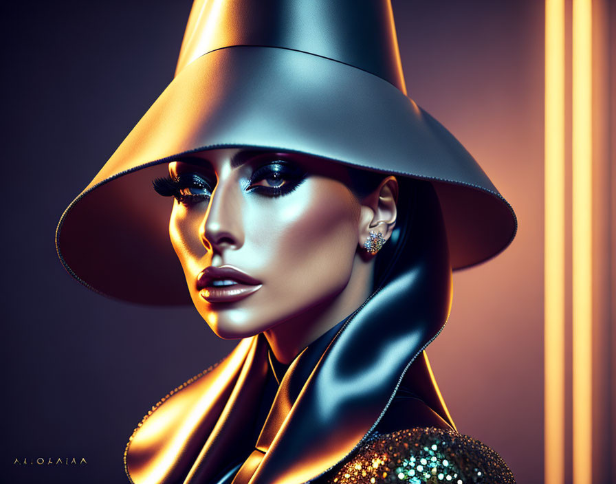 Exaggerated makeup woman in metallic hat against warm background