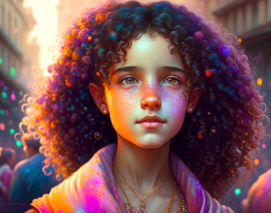 Young girl with curly hair in warm golden light among a blurred crowd