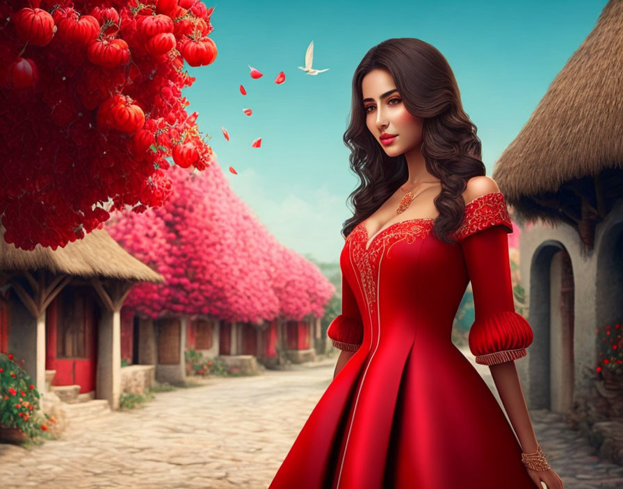 Illustrated woman in red dress in fairytale village with blossoming trees