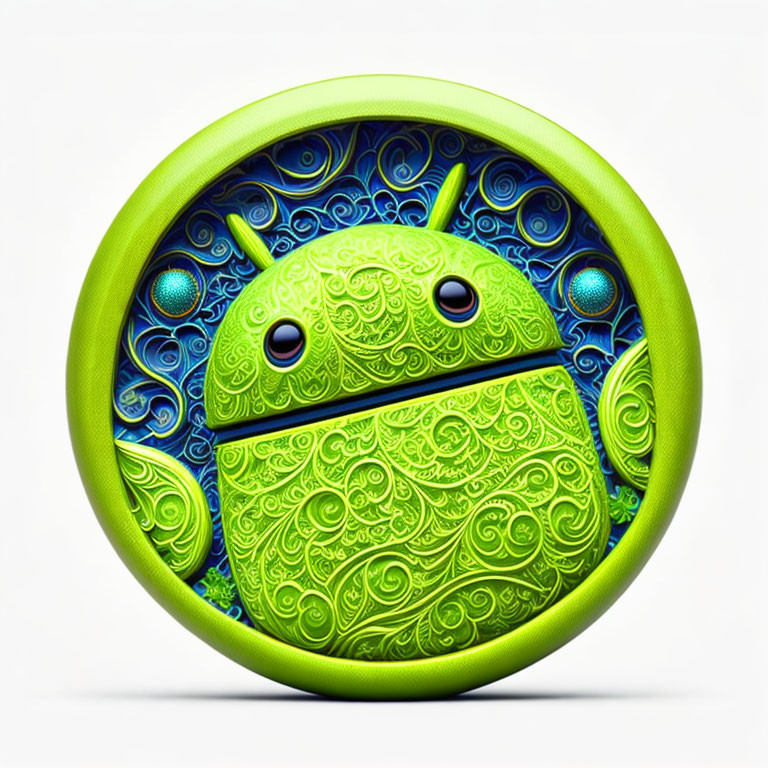 Colorful Android mascot artwork in ornate backdrop and neon green frame