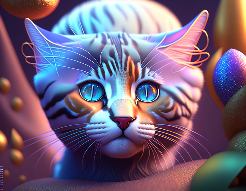 Colorful Stylized Cat Art with Intricate Patterns and Blue Eyes on Purple and Gold Background