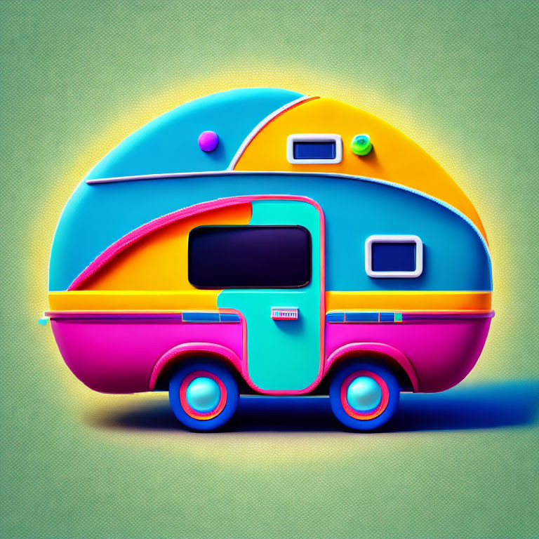 Vibrant retro caravan illustration in blue, teal, and pink hues on textured green backdrop