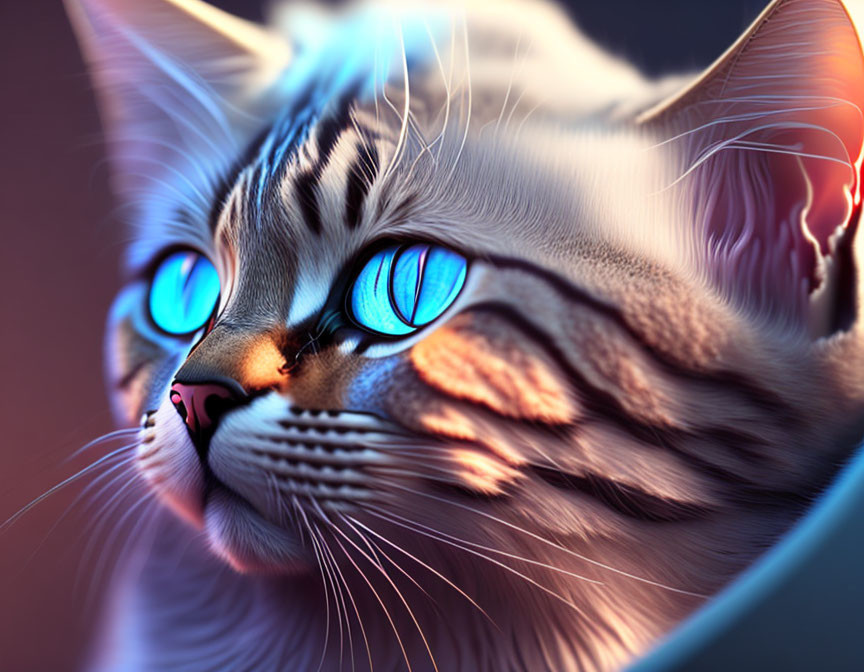 Blue-eyed cat digital art with detailed fur textures and warm glow