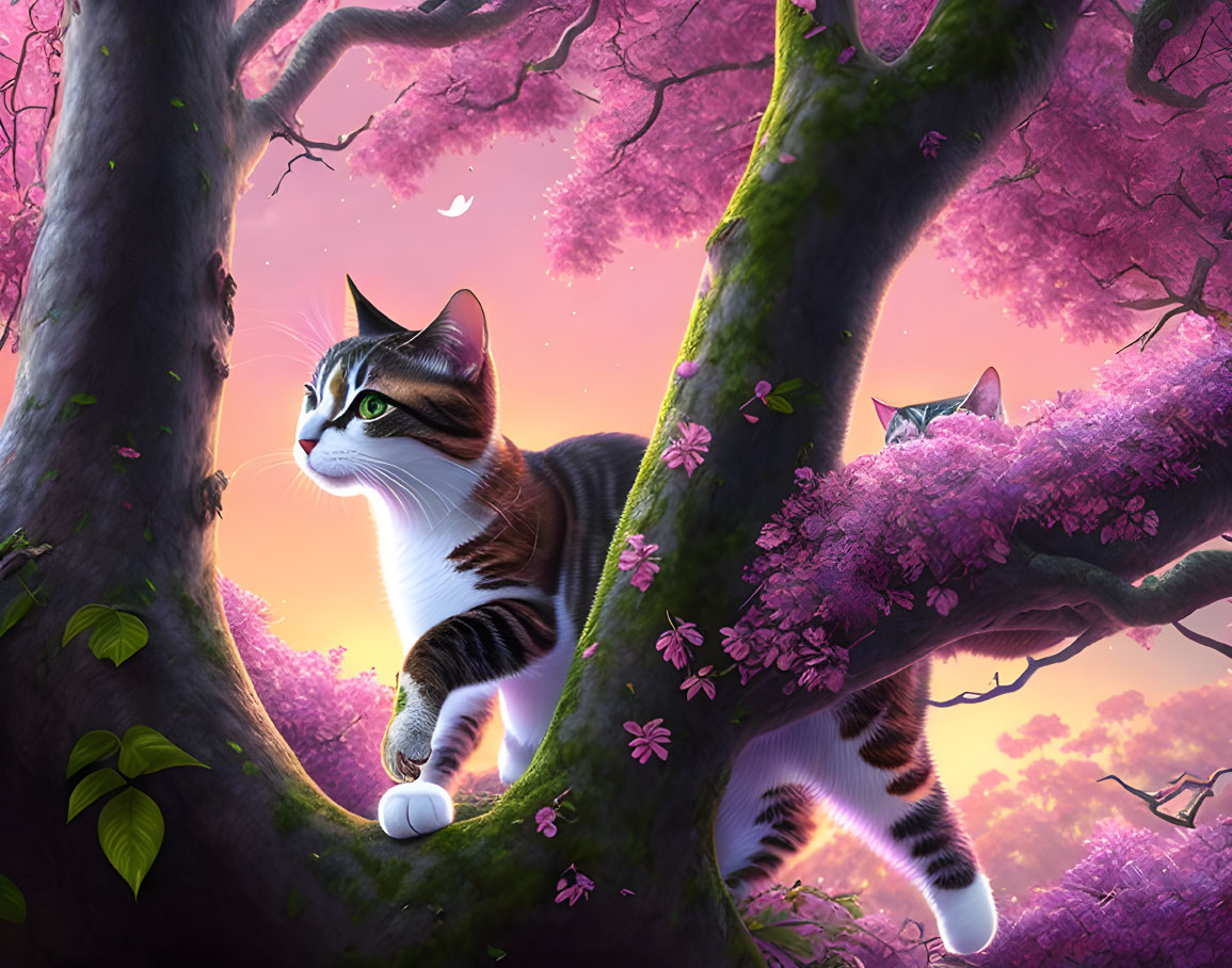 Multicolored cat on tree branch under pink blossoming trees in purple sky