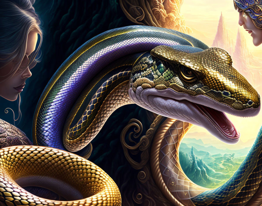 Detailed Fantasy Illustration: Golden Snake, Woman with Intricate Hair, Mountains & Castle