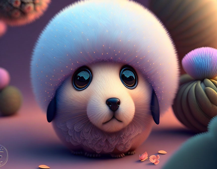 Stylized fluffy animal with large glossy eyes in whimsical setting