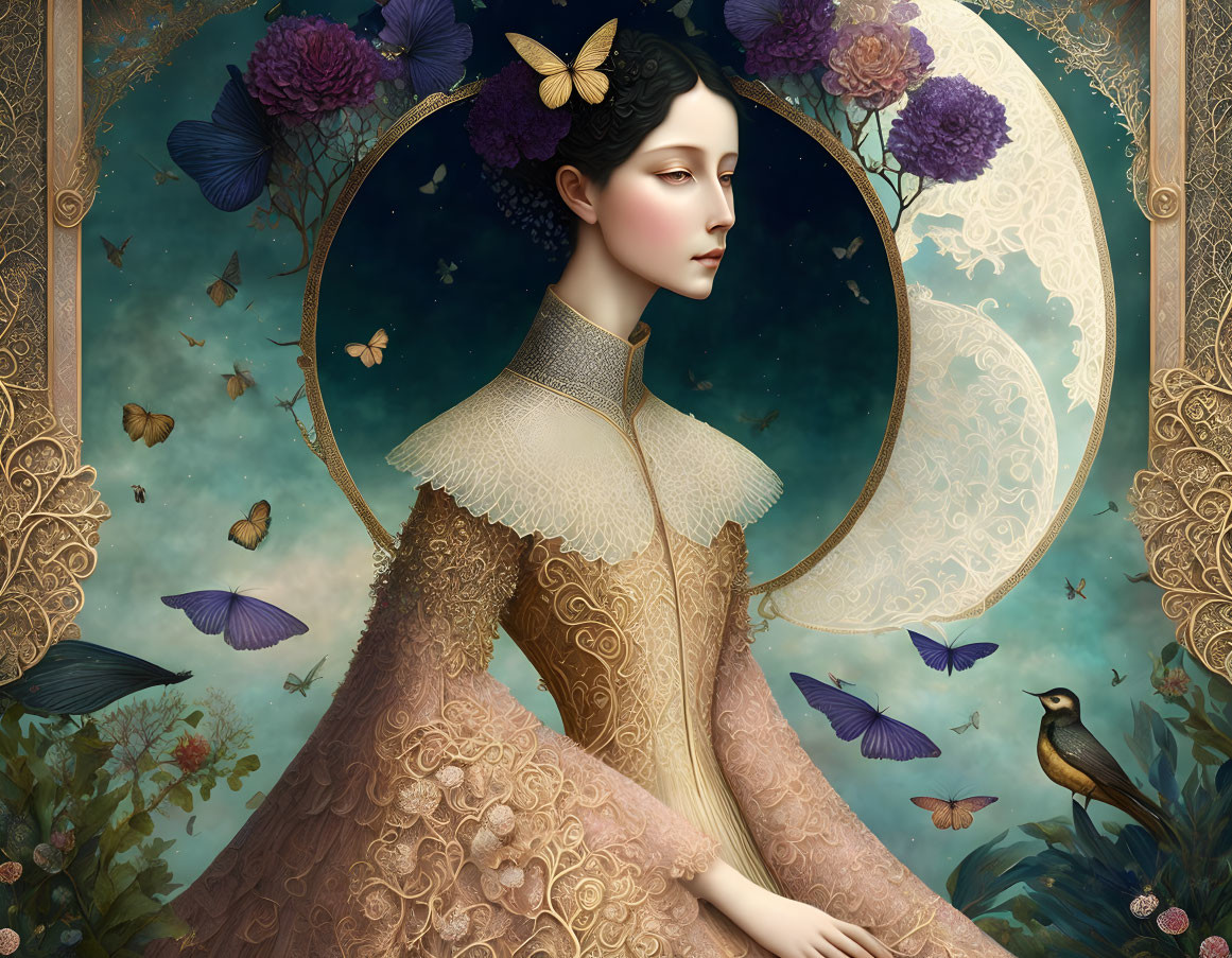 Stylized portrait of a woman in gold-patterned dress with floral halo on moon backdrop