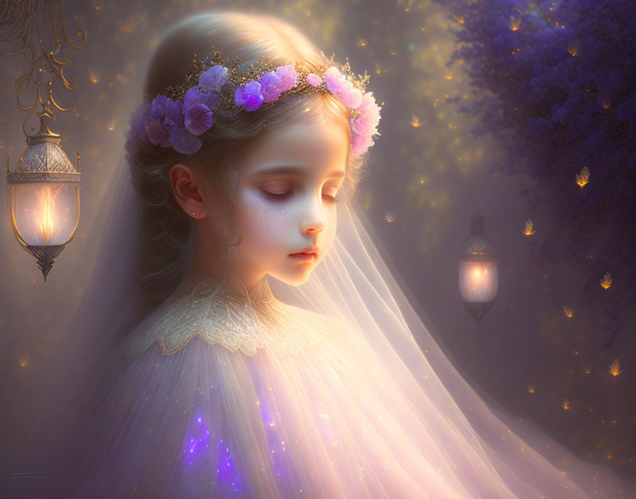 Illustration: Young girl with floral crown in ethereal light among golden butterflies and lanterns