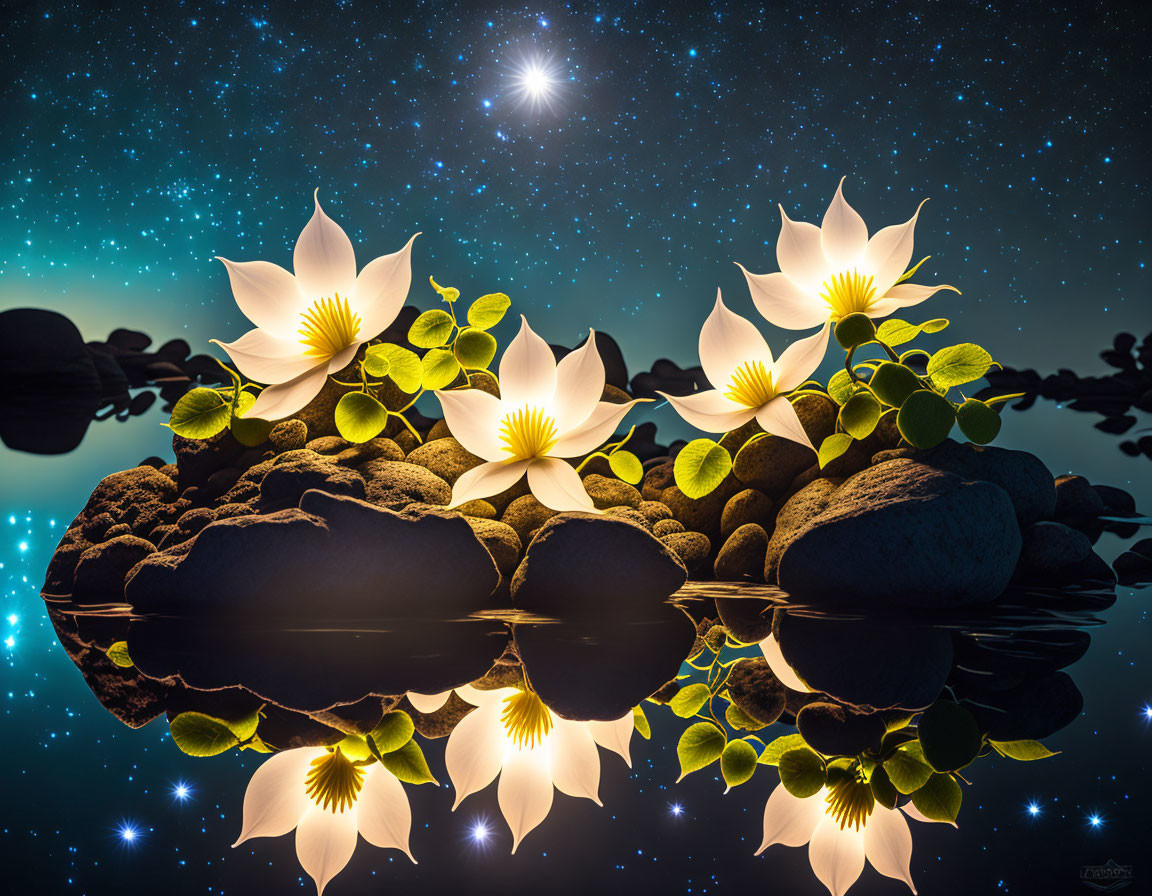 Tranquil Night Scene with White Lotus Flowers and Celestial Reflections