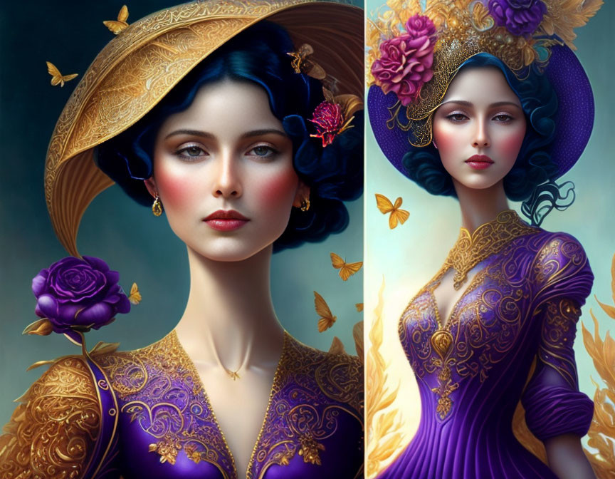 Stylized portraits of women in blue and purple hats and dresses