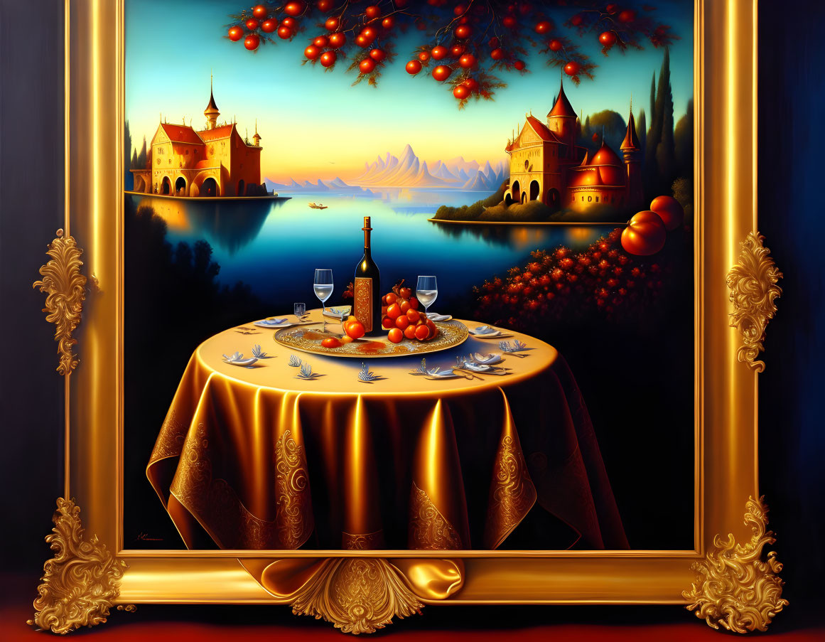 Golden-framed painting of table with wine, grapes, plums, lake, and castles at