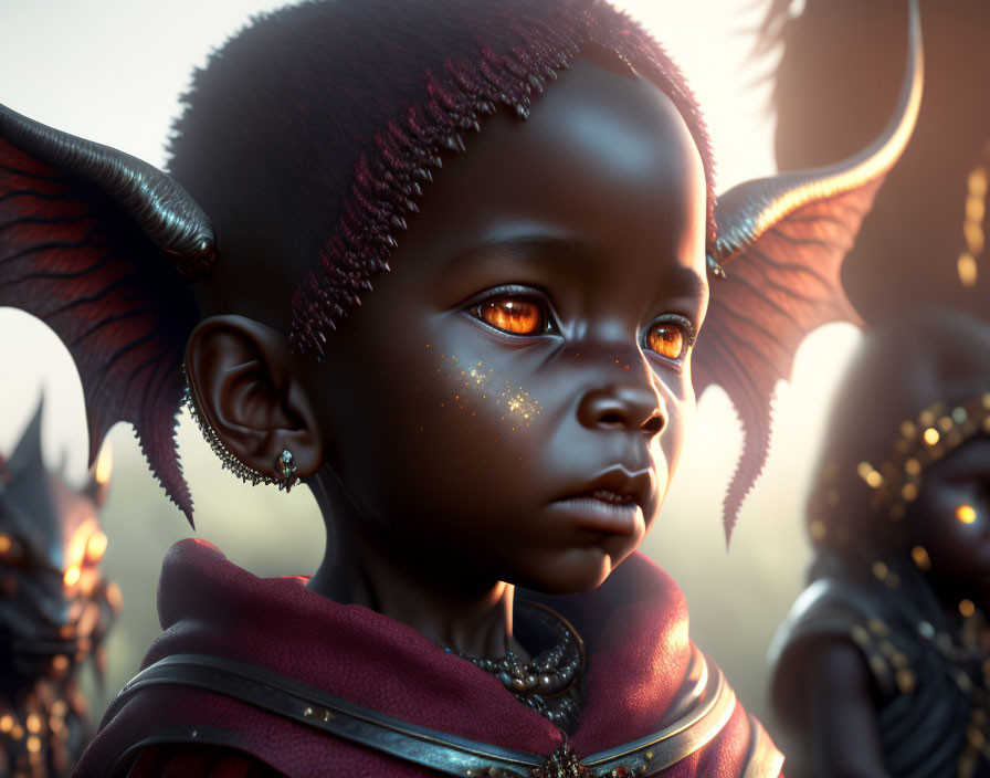 Fantasy child creature with horns and orange eyes in tribal attire under surreal lighting