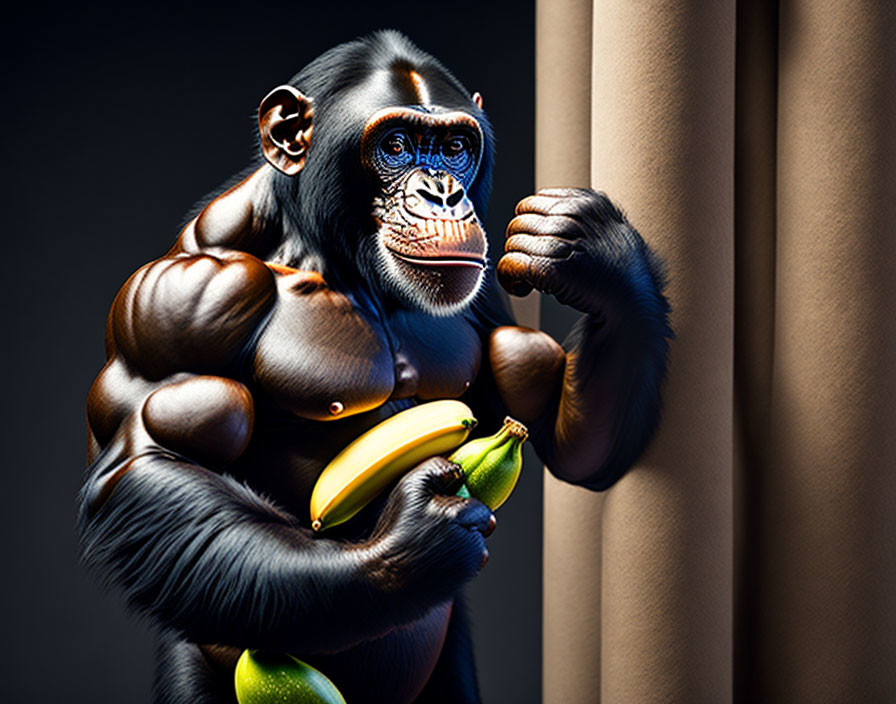 Muscular chimpanzee in luchador mask holds banana by curtains on dark background