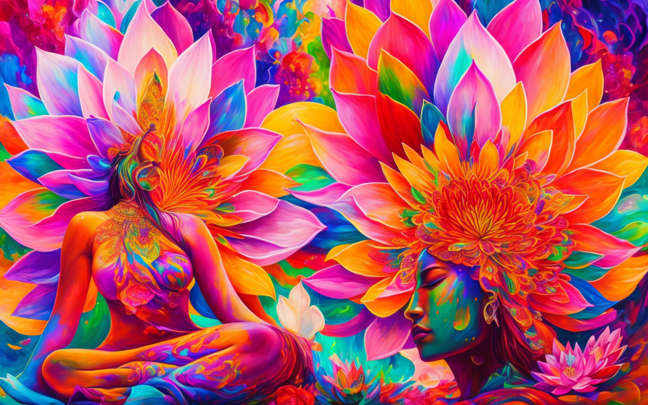 Colorful Psychedelic Floral Patterns Blend with Two Women in Vivid Artwork