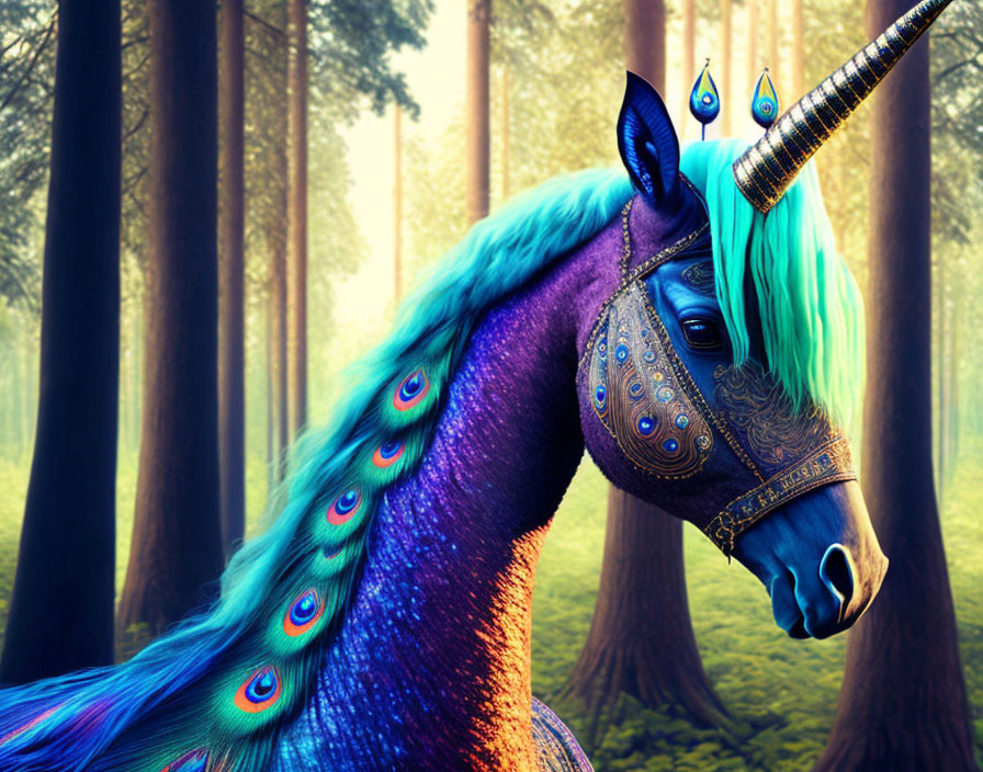 Colorful unicorn with peacock feathers and blue mane in mystical forest