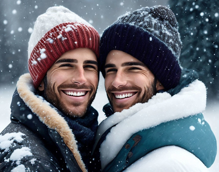 Smiling individuals in winter hats and coats with falling snowflakes