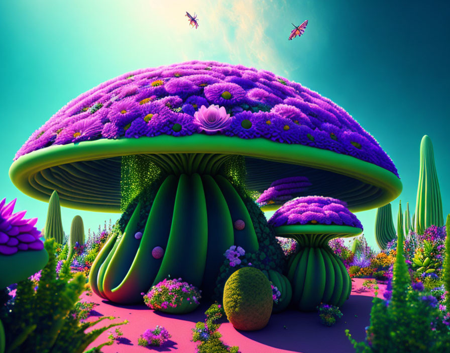 Colorful Landscape with Purple Mushrooms and Flying Creatures