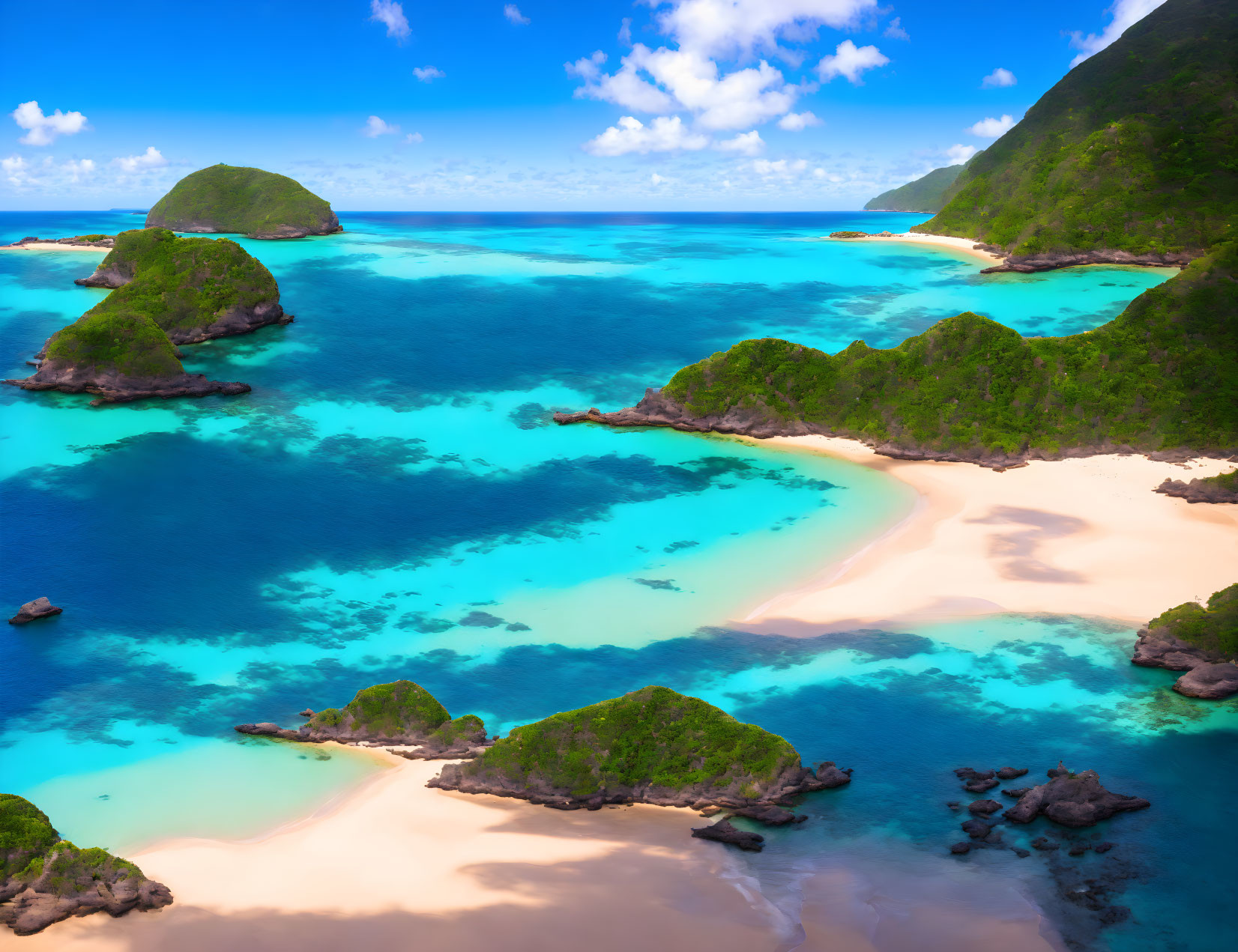 Vivid Blue Waters, Sandy Beaches, and Green Cliffs in Tropical Paradise