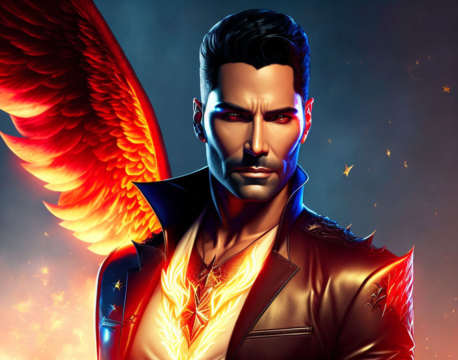 Intense male figure with fiery wings and symbol on chest in leather jacket on warm backdrop