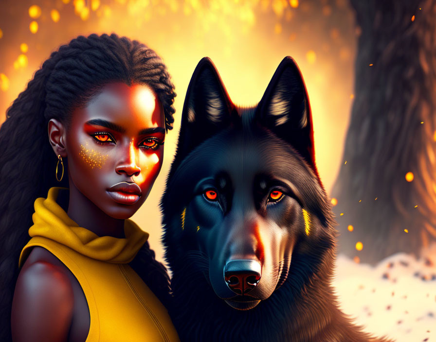 Digital artwork: Woman and black wolf in autumn setting with glowing particles