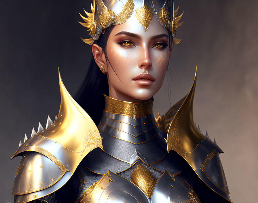 Regal woman digital art: golden crown, spiked shoulder armor