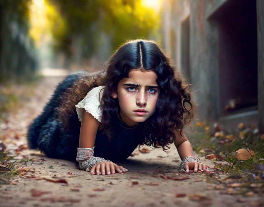 Child with Blue Eyes and Dark Curly Hair in Black Outfit Crawling on Leaf-Strewn