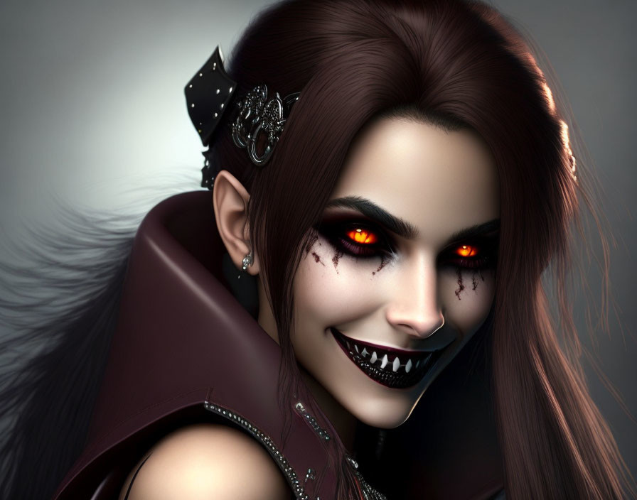 Female character with red glowing eyes and sharp teeth in digital artwork.