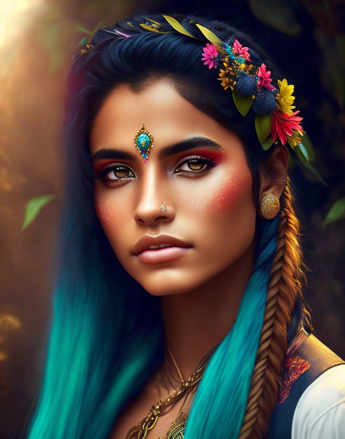 Portrait of woman with vibrant blue hair, colorful flowers, bindi, makeup, and traditional jewelry.