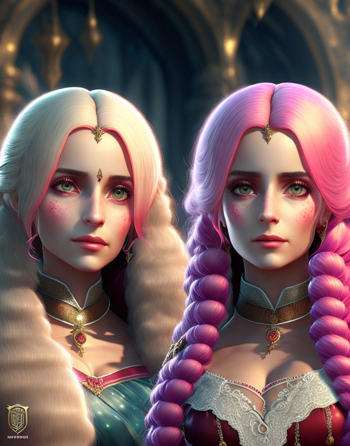 Fantasy women with pink hair and golden jewelry in dark background