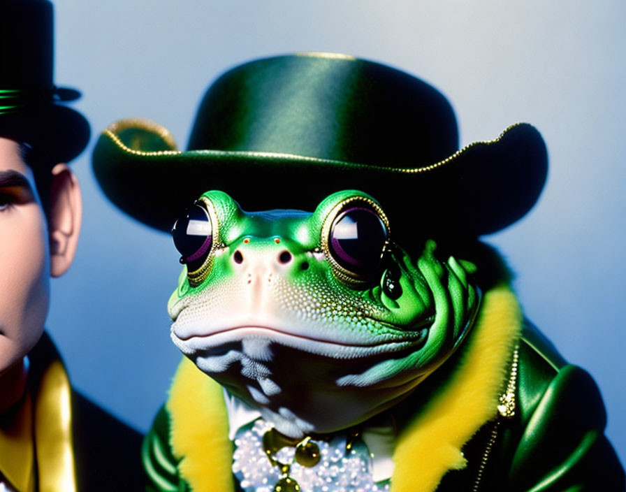 Detailed Close-Up of Toy Frog in Green Cowboy Outfit with Black Top Hat