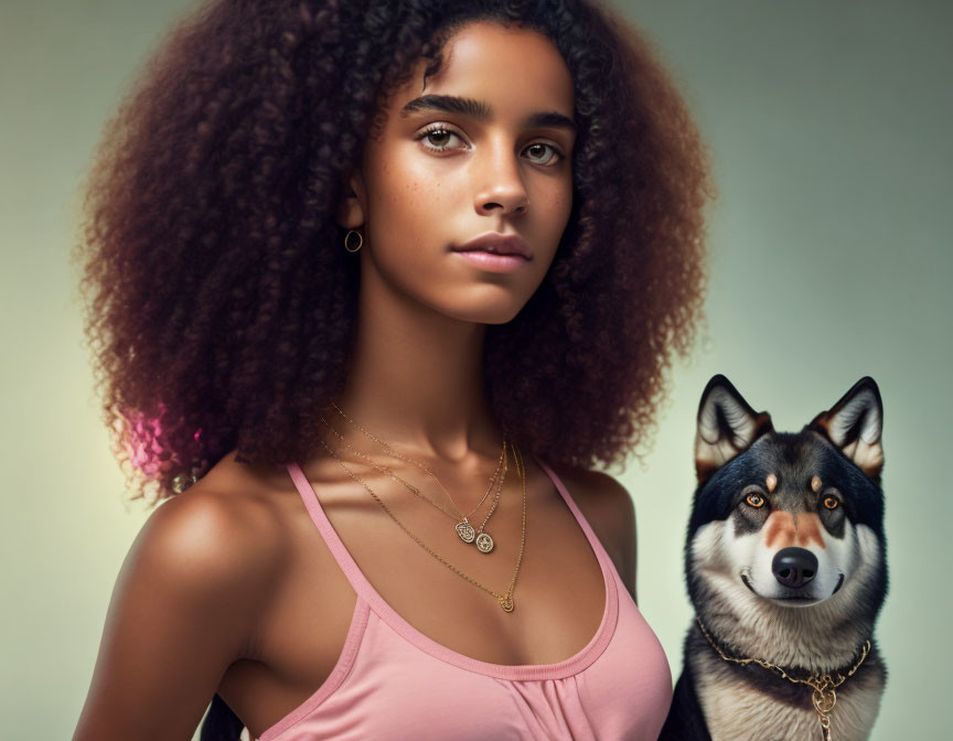 Curly-Haired Woman with Husky Dog in Front of Muted Background