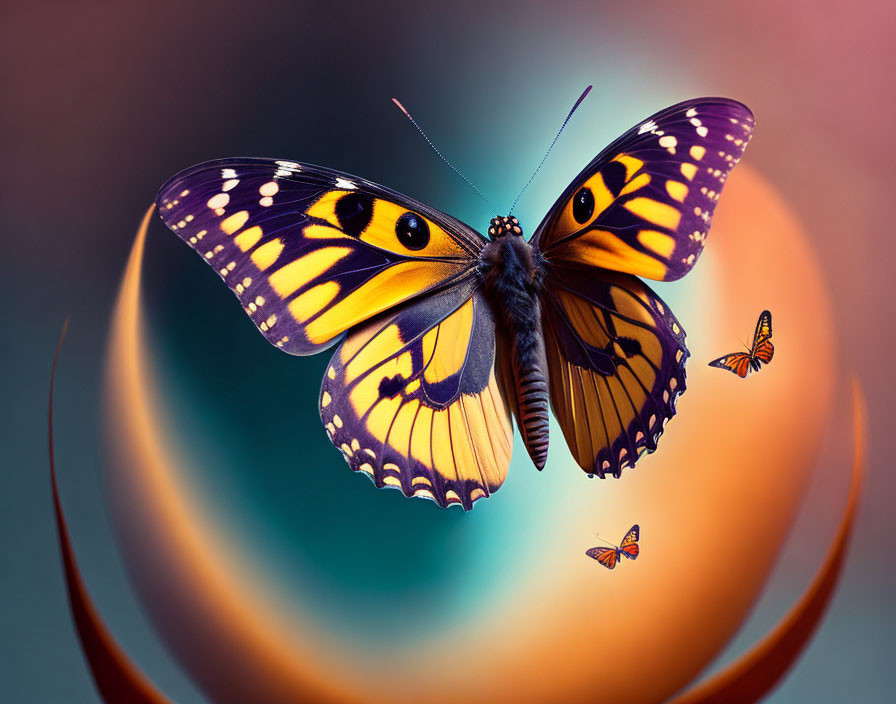 Colorful Butterfly with Outstretched Wings and Swirling Background