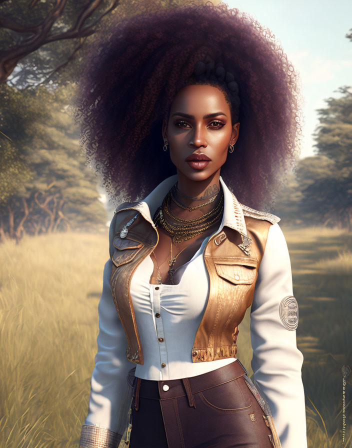 Digital portrait of a woman with afro hairstyle in white shirt and vest against serene nature backdrop