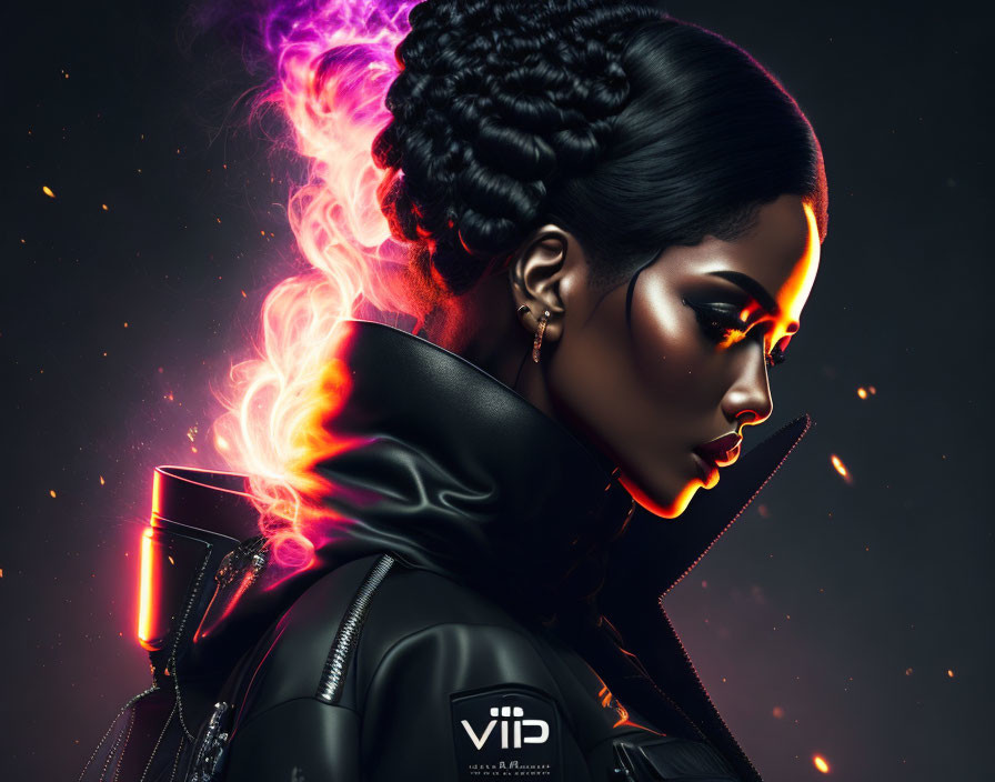 Digital artwork of woman with glowing eyes and fiery hair in black leather jacket