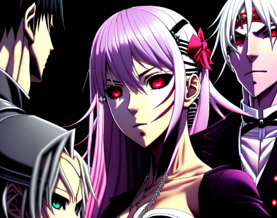 Anime characters: female purple hair, red eyes center; two males, white and black hair.