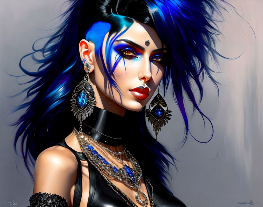 Woman with Blue-Black Hair and Gothic Fantasy Look