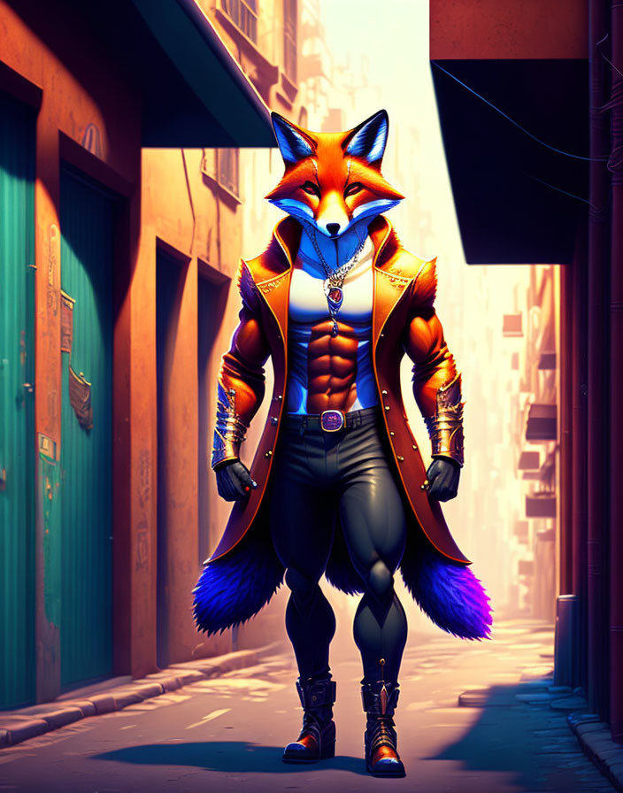 Stylish anthropomorphic fox struts confidently in alleyway