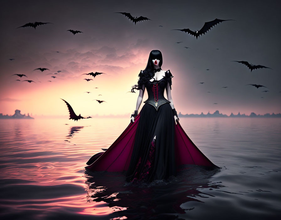 Gothic Figure in Red and Black Dress on Water at Dusk