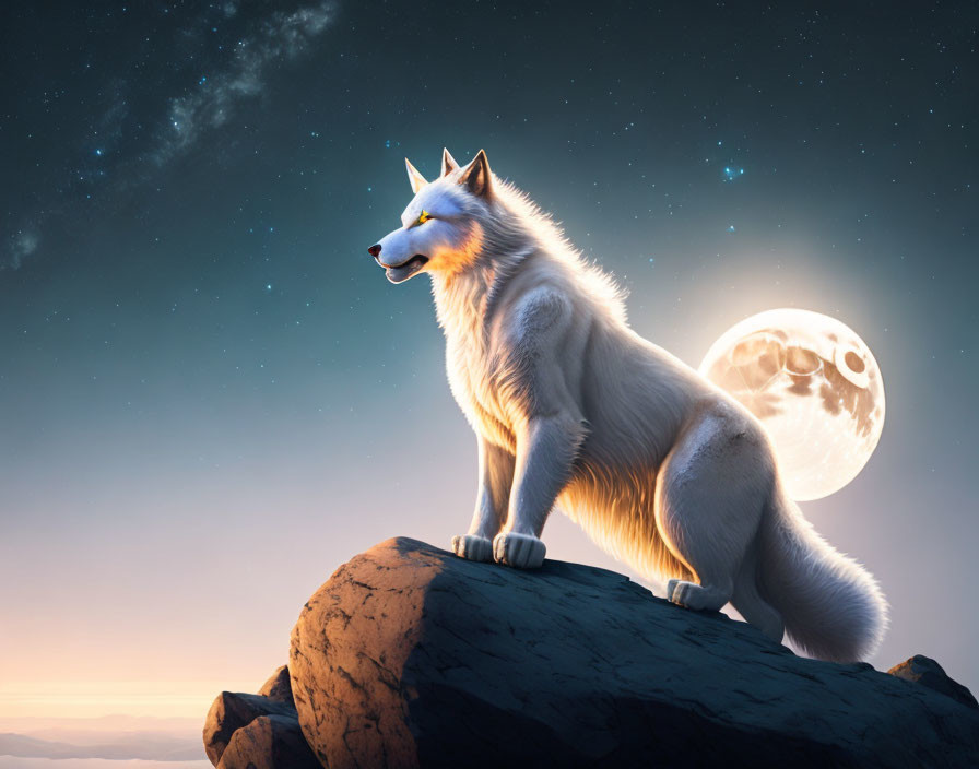 White wolf on rock under full moon and stars