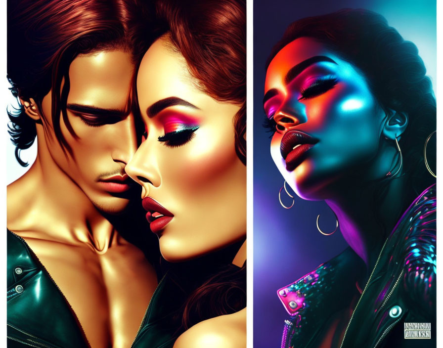 Colorful digital artwork featuring stylized man and woman with sharp features and modern makeup