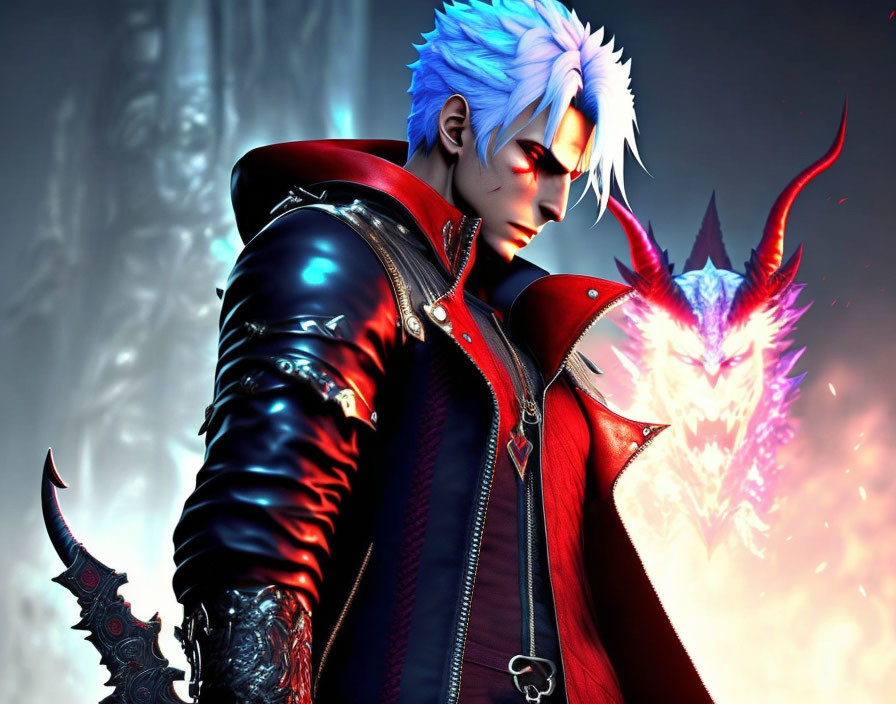 Stylized character with blue hair and red coat holding a sword in front of fiery backdrop with fantast