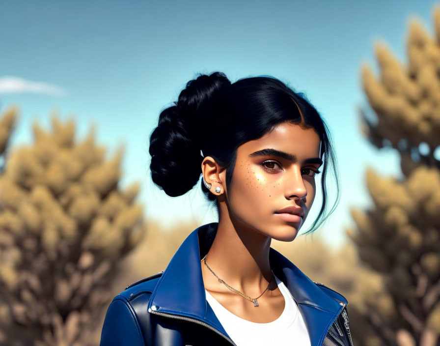 Young woman in blue leather jacket under clear blue sky