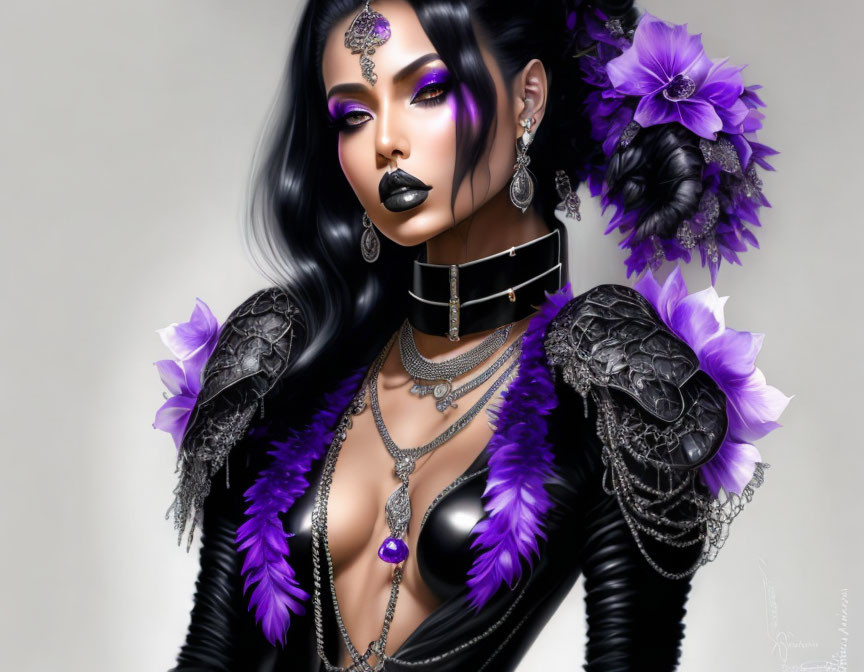 Gothic fantasy portrait of a woman with purple makeup and dark accessories