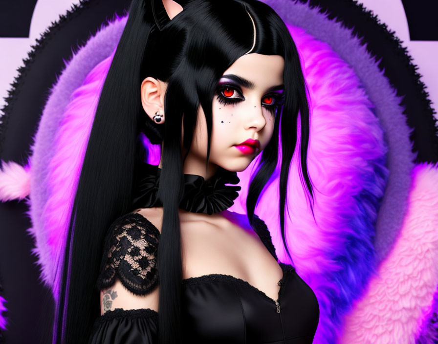 Long Black-Haired Animated Character in Black Outfit with Red Eyes and Purple Halo