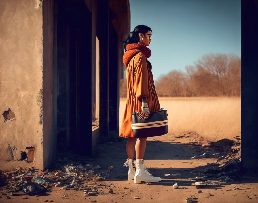 Stylish woman in orange coat and white boots standing by dilapidated building.